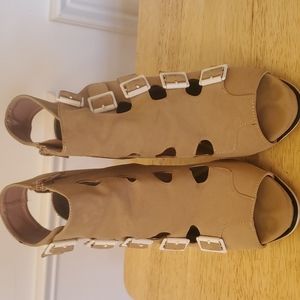 Tan and white sling back heels, size 10